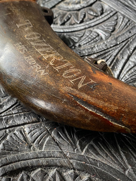 Antique 18th Century Horn Powder Flask Named ‘T. Overton’ American Rev War?