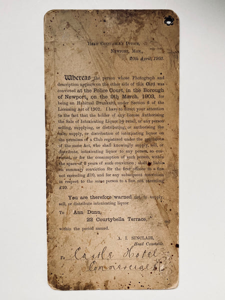 Rare Habitual Drunkard Card Issued By Newport Borough Police 1903
