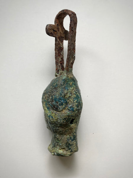 Rare Ancient Roman Bronze Head Of A Religious Figure With An Iron Loop In The Form Of A Cross c.200 AD