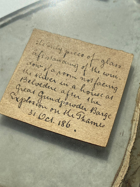 Rare Antique 19th Century Glass Memento From One Of The Most Devastating Non-Nuclear Explosions In British History With Period Handwritten Label