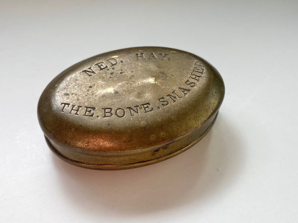 Antique 19th Century Brass Snuff Box Named ‘Ned Hay’ The Bone Smasher - Source Vintage