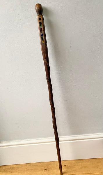 Rare Antique Carved Folk Art Walking Cane With Snake & Glass Marbles Inside c.1900 - Source Vintage