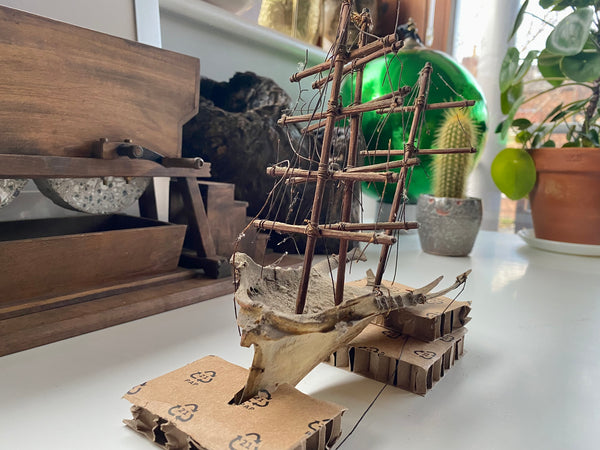 **RESERVED FOR MEGAN** Rare Antique Scratch Built Sailor Folk Art Ship Made From A Bird’s Breast Bone - Source Vintage