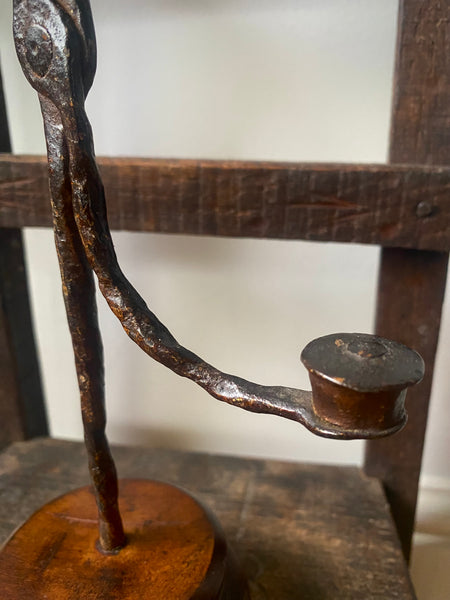 Late 17th - Early 18th Century Wrought Iron Rushlight On 19th Century Replacement Fruitwood Base