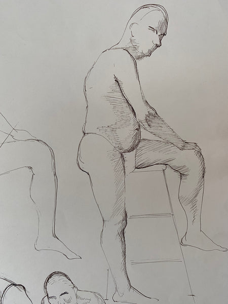 Vintage Double Sided Pen & Pencil Life Drawings Portraits Of A Nude Man - Source Vintage