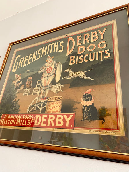 Framed Antique Victorian Greensmith’s Derby Dog Biscuits Advertising Card
