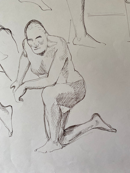 Vintage Double Sided Pen & Pencil Life Drawings Portraits Of A Nude Man - Source Vintage