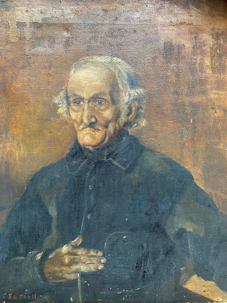 Charming 19th Century Oil On Canvas Painting Of A Miserable Man Signed - Source Vintage