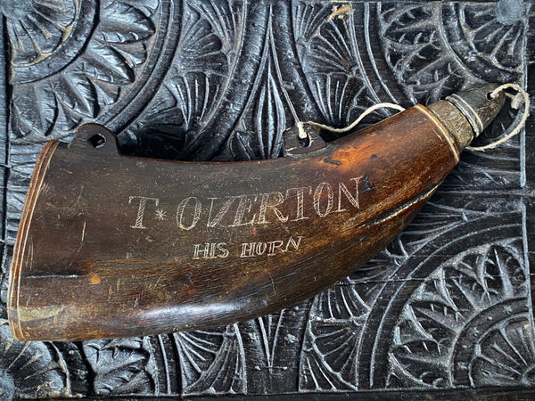 Antique 18th Century Horn Powder Flask Named ‘T. Overton’ American Rev War?