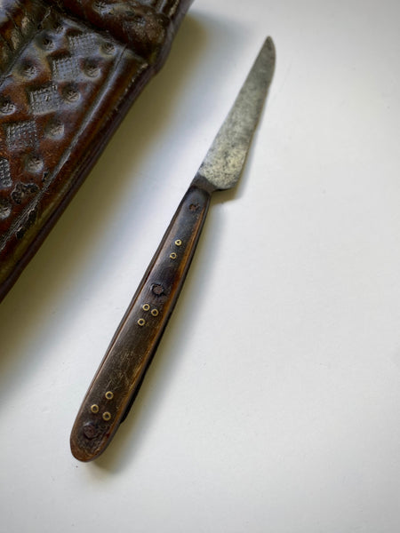 Rare 15th-16th Century Hand Tooled Leather Personal Utensil Scabbard & Accompanying Knife