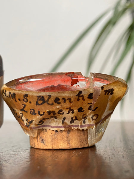 Lot Of 3 Rare Antique 19th Century Glass Ship Launch Bottle Neck Shards With Ship Builder Wax Seals & Handwritten Labels