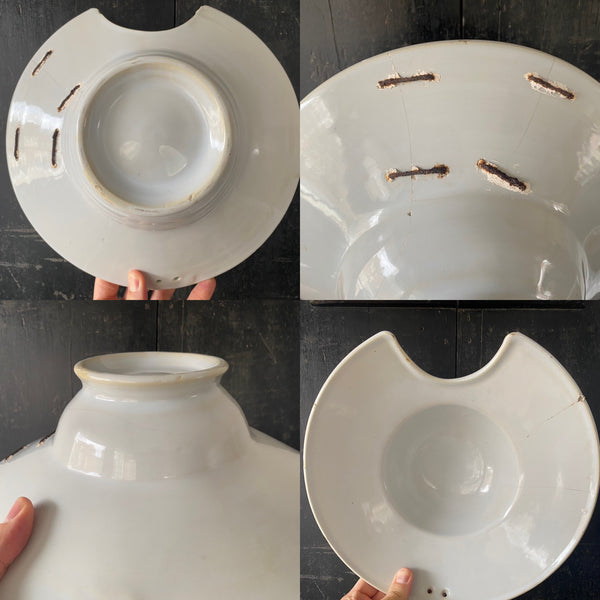 Antique 19th Century Make Do Tin Glazed Barber’s Bowl With Stapled Repairs
