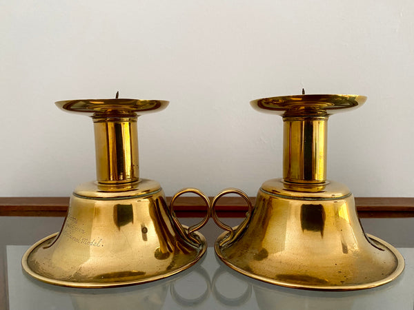 Pair 19th Century Brass Candlesticks With Intriguing Engravings From The Inventor - Source Vintage