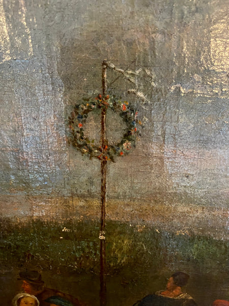 Antique 18th-19th Century Midsummer Maypole Dancing Oil On Canvas Painting
