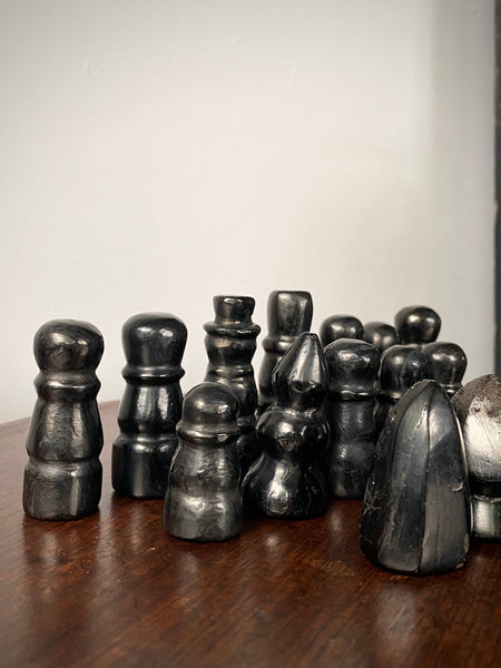 Rare Antique Folk Art 19th Century Carved Cannel Coal Chess Set