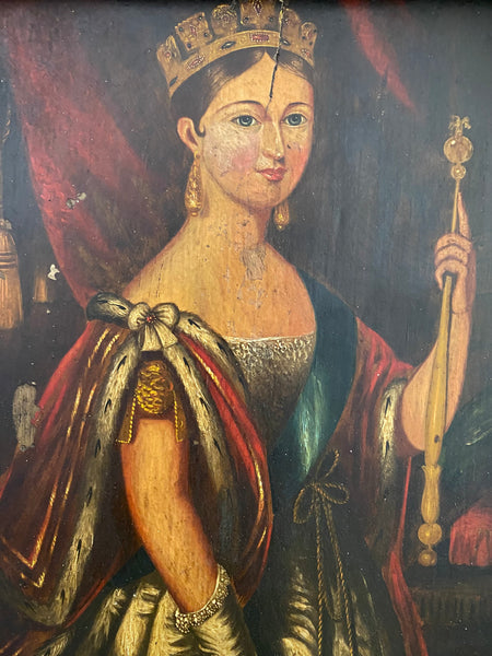 Antique Mid-19th Century Oil On Board Folk Art Portrait Painting Of A Young Queen Victoria c.1838