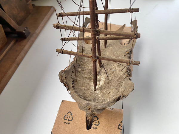 **RESERVED FOR MEGAN** Rare Antique Scratch Built Sailor Folk Art Ship Made From A Bird’s Breast Bone - Source Vintage