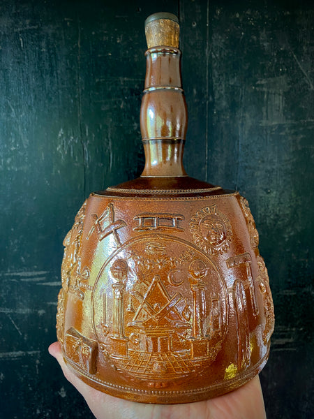 A Fine Example Of An Antique 19th Century Masonic Stoneware Whisky Jug