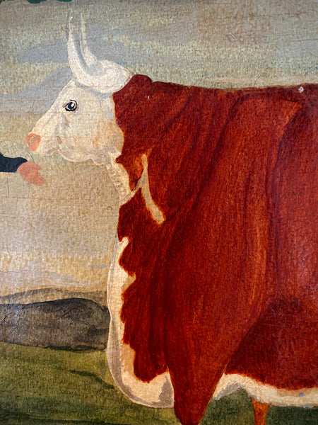 Naive Folk Art Oil Painting Squire With Cow & Dogs By Leslie Stafford (1949–2024)