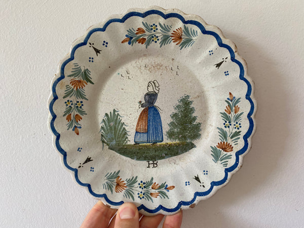 Pair Naive Early 19th Century Quimper Ware Betrothal Make Do Plates - Source Vintage