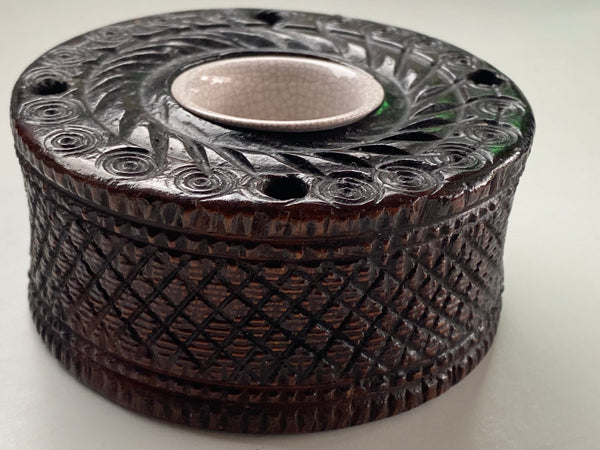 Antique 19th Century Victorian Folk Art Treen Inkwell Crafted From Lignum Vitae