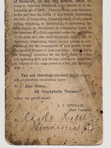 Rare Habitual Drunkard Card Issued By Newport Borough Police 1903