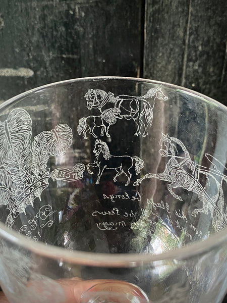 Antique 19th Century Glass Goblet Heavily Inscribed In Diamond Point With Various Imagery & Verse
