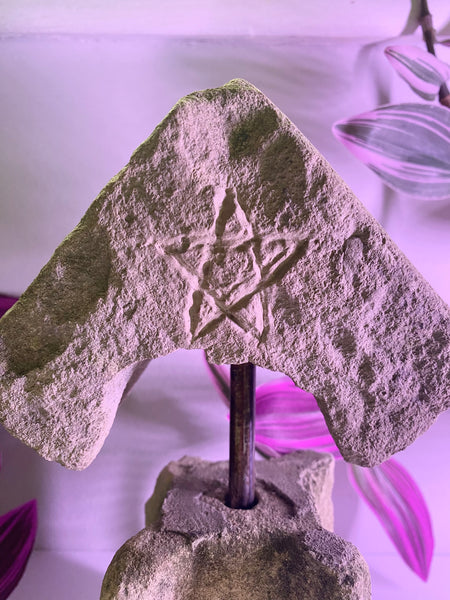 Rare Antique Limestone Fragment From A Window Or Door Reveal With Pentagram Witches Mark Engraving - Source Vintage