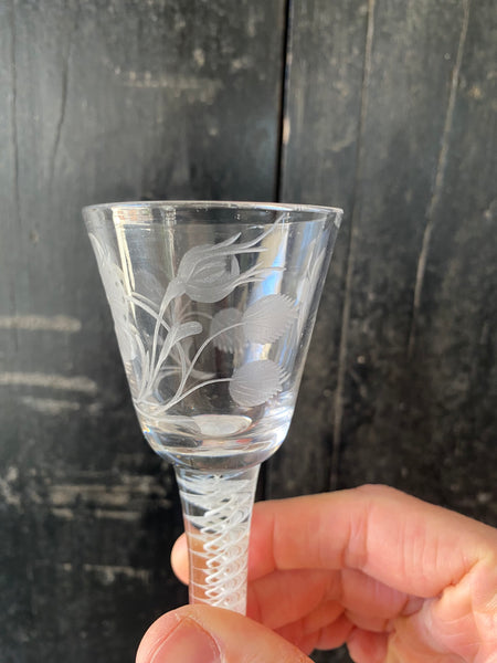 Rare Antique 18th Century Jacobite Wine Glass Featuring Scottish White Rose, A Single Bud, Thistle Leaves & A Bee