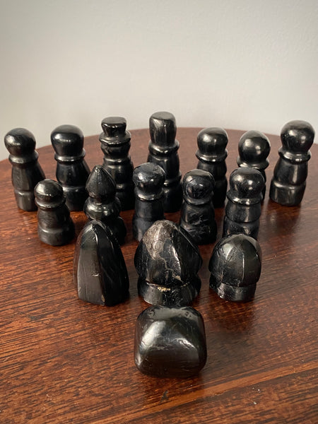 Rare Antique Folk Art 19th Century Carved Cannel Coal Chess Set