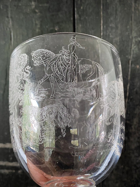 Antique 19th Century Glass Goblet Heavily Inscribed In Diamond Point With Various Imagery & Verse