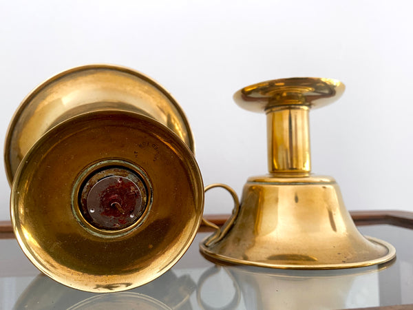 Pair 19th Century Brass Candlesticks With Intriguing Engravings From The Inventor - Source Vintage