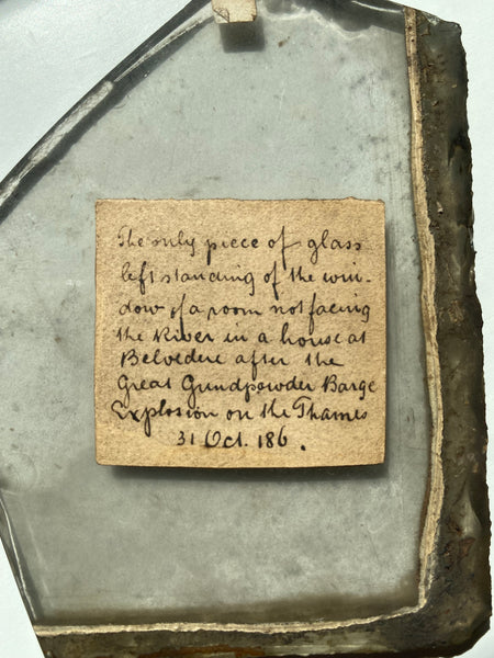 Rare Antique 19th Century Glass Memento From One Of The Most Devastating Non-Nuclear Explosions In British History With Period Handwritten Label