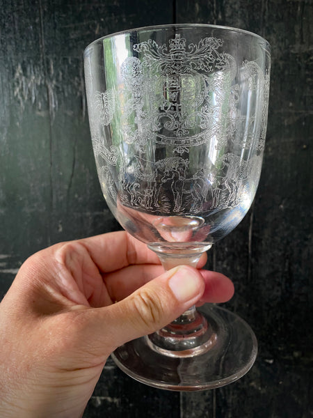 Antique 19th Century Glass Goblet Heavily Inscribed In Diamond Point With Various Imagery & Verse