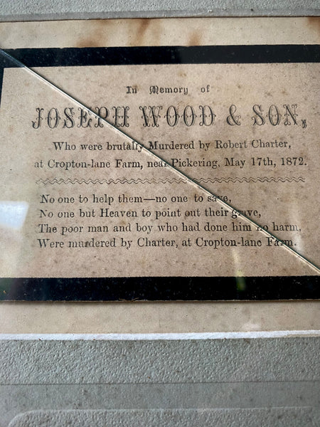 Rare Period Framed Memorial Card - Murder Of Joseph Wood & His Son By Robert Charter In Pickering 1872
