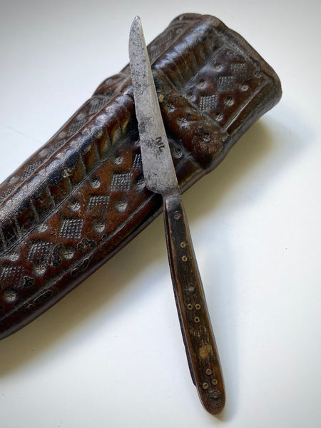 Rare 15th-16th Century Hand Tooled Leather Personal Utensil Scabbard & Accompanying Knife