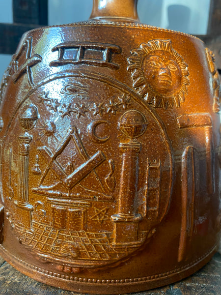 A Fine Example Of An Antique 19th Century Masonic Stoneware Whisky Jug