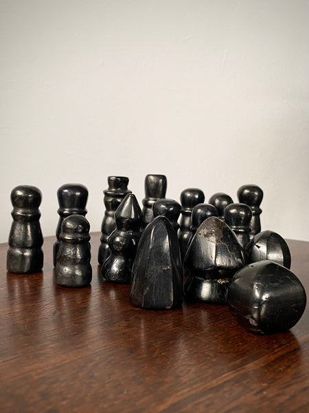 Rare Antique Folk Art 19th Century Carved Cannel Coal Chess Set