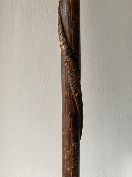 Rare Antique Carved Folk Art Walking Cane With Snake & Glass Marbles Inside c.1900 - Source Vintage