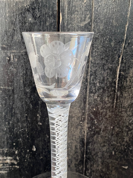 Rare Antique 18th Century Jacobite Wine Glass Featuring Scottish White Rose, A Single Bud, Thistle Leaves & A Bee