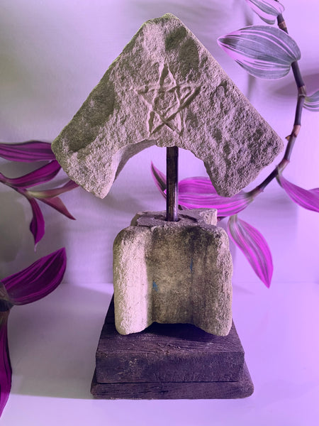 Rare Antique Limestone Fragment From A Window Or Door Reveal With Pentagram Witches Mark Engraving - Source Vintage