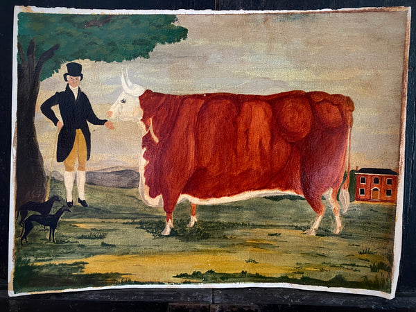 Naive Folk Art Oil Painting Squire With Cow & Dogs By Leslie Stafford (1949–2024)