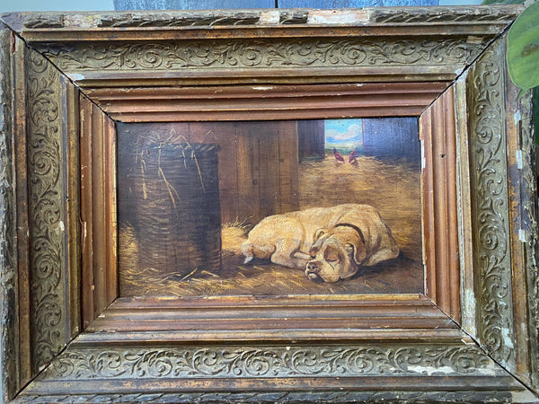*RESERVED FOR MARYANNE* (Payment 2) Antique Early 20th Century Oil On Board Painting Of A Sleeping Farm Dog