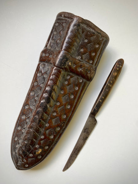 Rare 15th-16th Century Hand Tooled Leather Personal Utensil Scabbard & Accompanying Knife