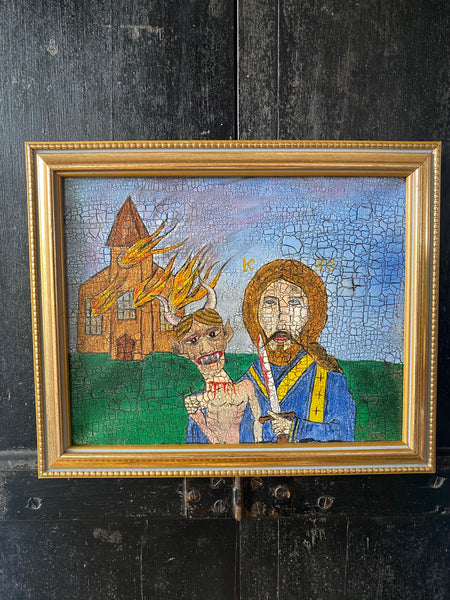 Vintage Naive Oil On Canvas Folk Art Painting