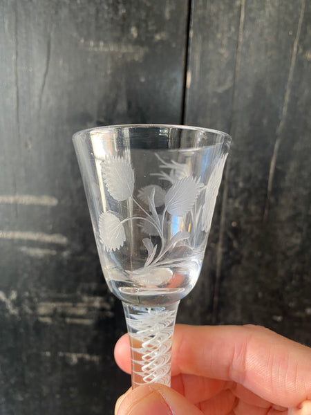 Rare Antique 18th Century Jacobite Wine Glass Featuring Scottish White Rose, A Single Bud, Thistle Leaves & A Bee