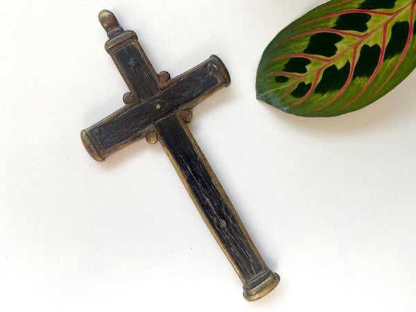 Antique Religious 18th Century Bog Oak & Bronze Combination Crucifix And Wax Seal Pendant - Source Vintage