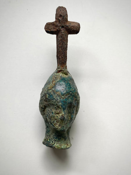 Rare Ancient Roman Bronze Head Of A Religious Figure With An Iron Loop In The Form Of A Cross c.200 AD