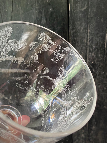 Antique 19th Century Glass Goblet Heavily Inscribed In Diamond Point With Various Imagery & Verse