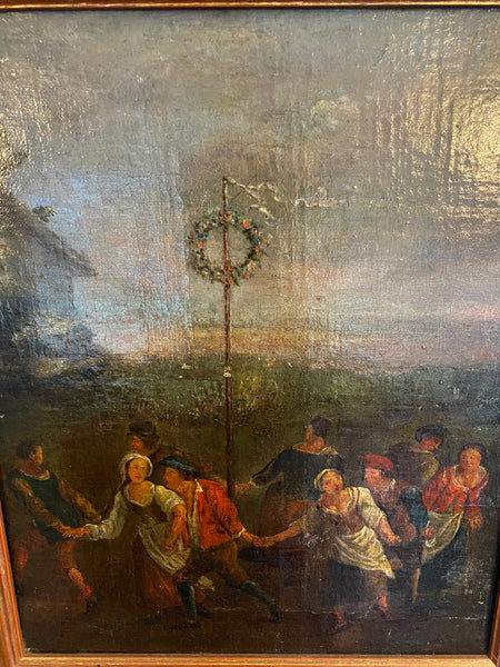 Antique 18th-19th Century Midsummer Maypole Dancing Oil On Canvas Painting